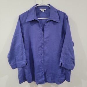 David N Womens Button Up Top Size 1X Linen Purple Minimalist 3/4 Sleeve